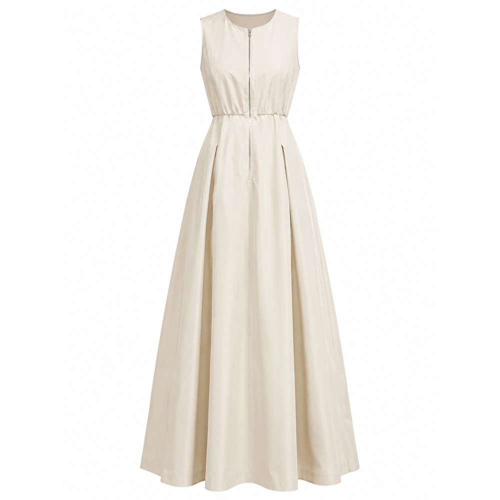 Beige Sleeveless Front Zip Pleated Maxi‎ Dress Corset Bodice Minimalist Neutral
